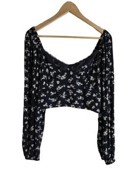 BP Black Ditzy Flower Print Long Sleeve Crop Top Lace Trim Size Large